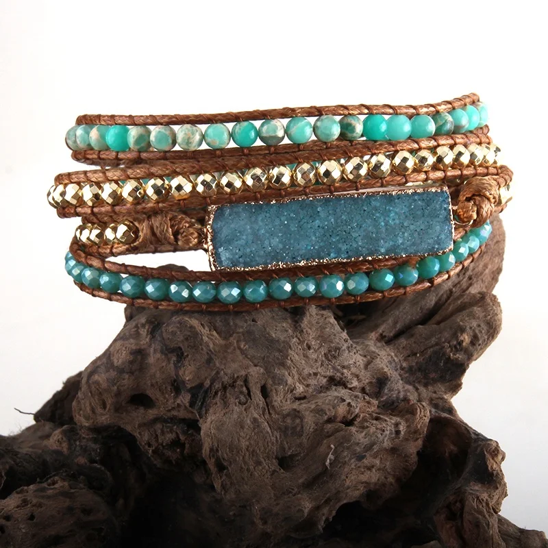 

Fashion Boho Bracelet Handmade Mixed Natural Stone Crystal Glass Rectangle Druzy Charm 4 Strands Wrap Bracelets Women Gift