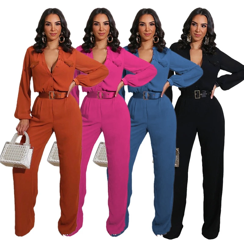 

Womens autumn one piece sets loose solid color no belt long sleeve pants cotton casual set womens jumpsuit