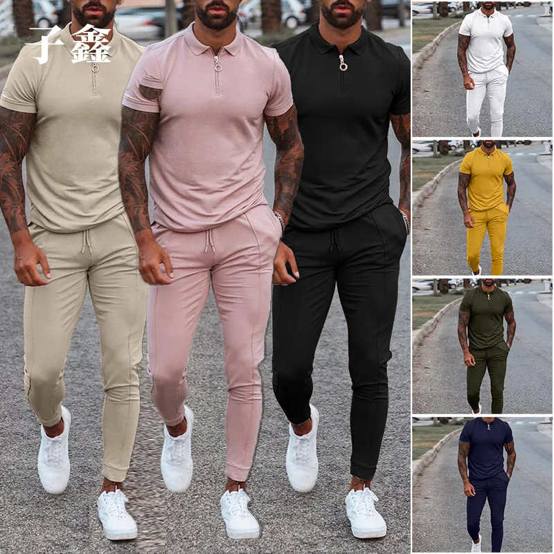 

YD Custom logo clothing vendors for men fall man sweatsuit jogger set solid plus size polo 2 piece men set with zipper