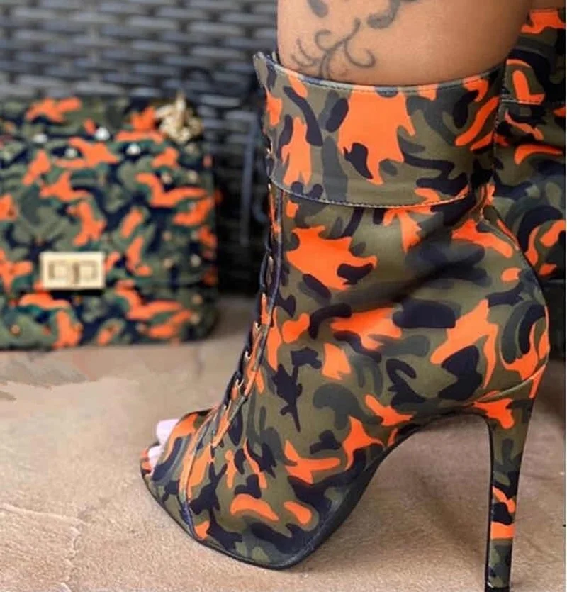 

2020 New Fashion Mixed color Camouflage Cool Peep Toe Women Ankle Boots Thin High Heel Lace Up Short Booty Bag Set Big Size 43