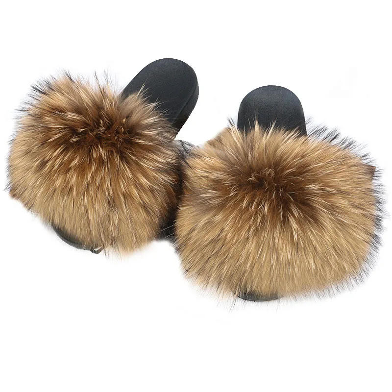 

Colorful Fluffy Fox Fur Real Furry Fox Fur Slippers , Open Toe Slide Slipper For Women, Customized color