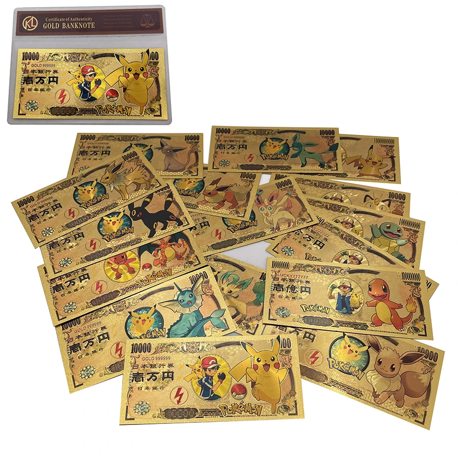 

16 Designs Cute Animals Pikachu Ticket Gold Souvenir Banknote in Sleeve Japan Anime Pocket Monsters Gifts and Collection cards