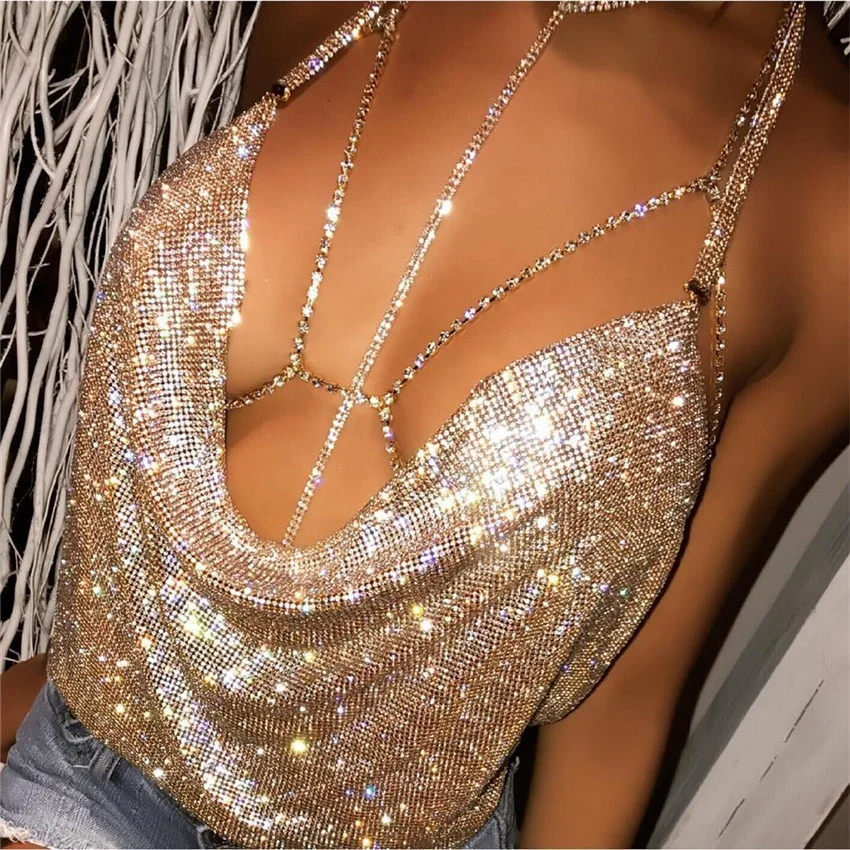 

B13000A night club women diamond deep v sequins crop tops, Shown