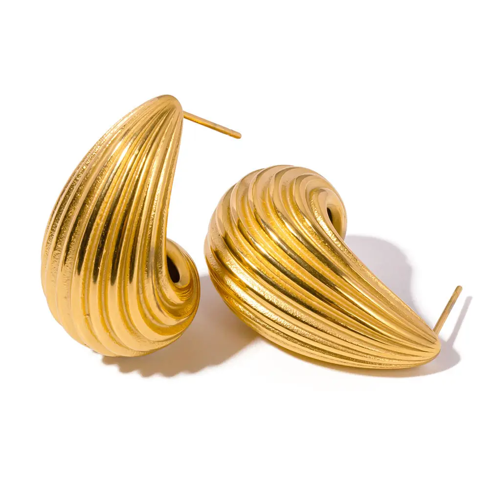 

Fashion 18K Gold Plated Tear Drop Statement Stud Earrings Waterdrop Jewelry Stainless Steel Hollow Texture CC Earrings Women