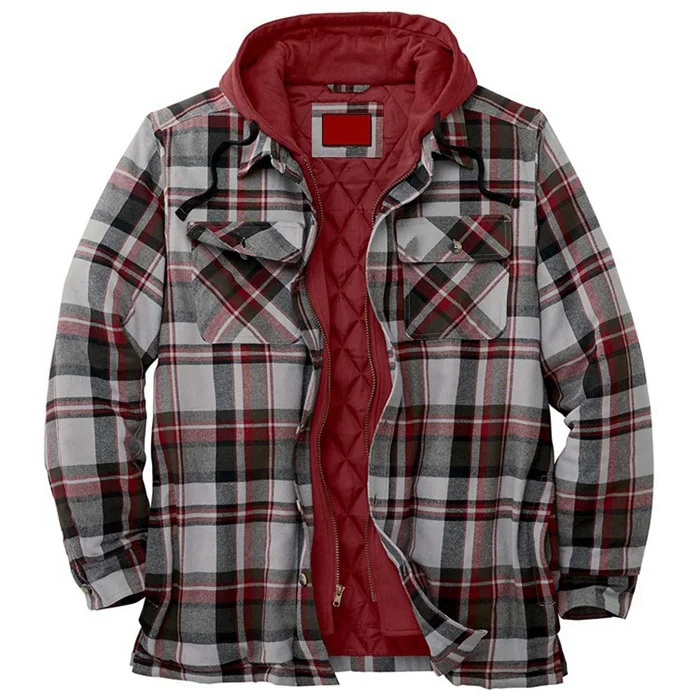 

Mens Classic winter Long Sleeve Button Camping Warm Thick Lining Cotton Quilted padded check Plaid Hooded Flannel Shirt Jacket, 9 colors