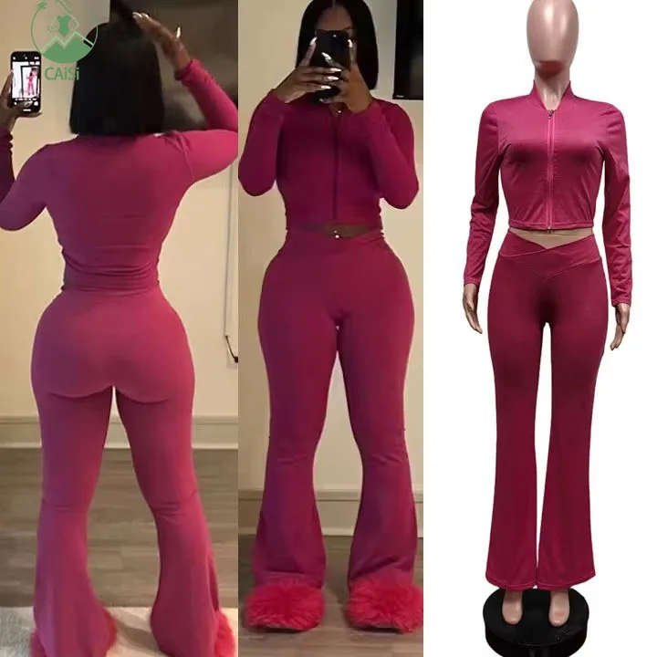 Custom 2 Piece Set Casual Outfits Soild Long Sleeve Jacket and Flared Pants Two Piece Set Jogger Set Women's Clothing 2025