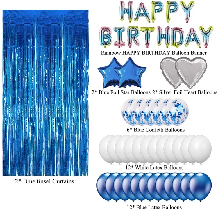 Aekopwera Blue Silver Birthday Party Decorations Set with Silver Happy birthday Balloon Banner Blue Tinsel Curtains for Boy Birthday Party Supplies
