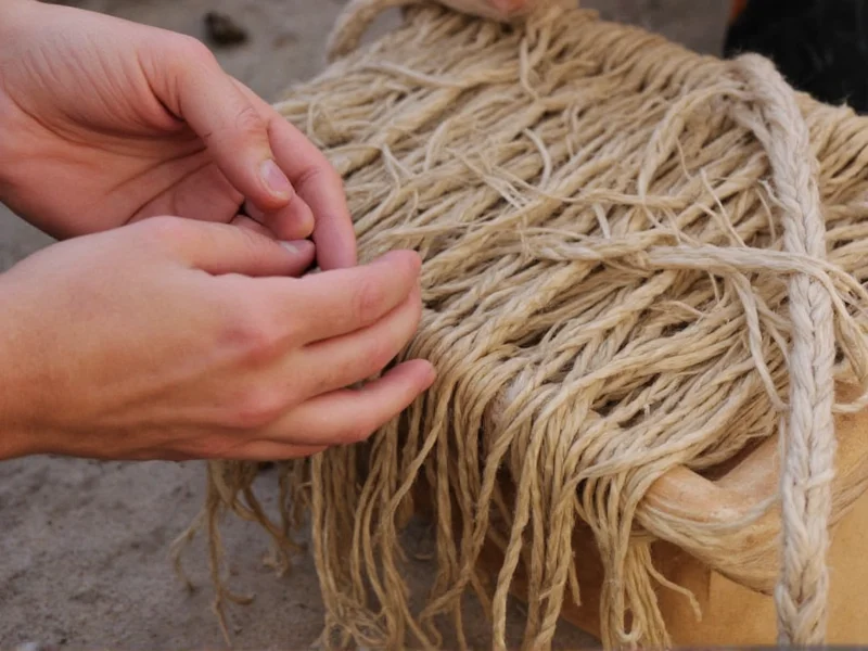 Hands weaving natural cordage from plant fibers