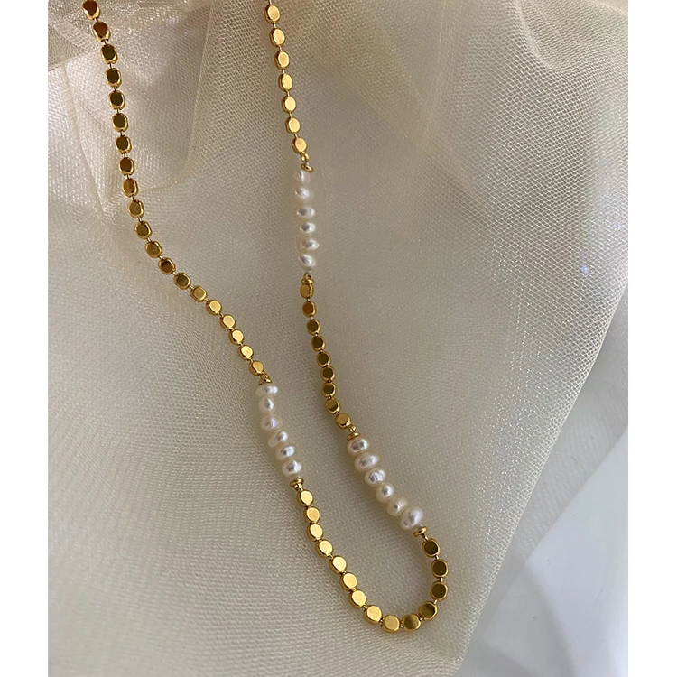 

Flat Beads Chain Natural Freshwater Pearl Necklace Brass 18K Gold Plated Necklaces Women Vintage Boho Elegant Jewelry 2022 New