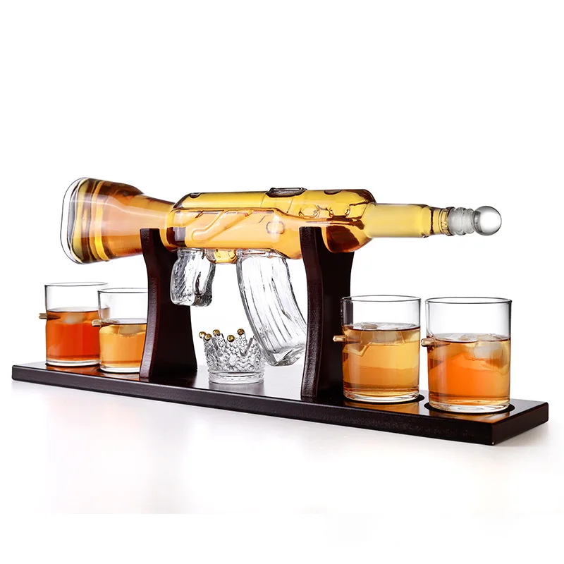 

Amazon Hot Selling Handmade Exquisite Rifle Shape Whiskey Decanter With 4 Whisky Glasses Set For Vodka Liquor Brandy, Clear