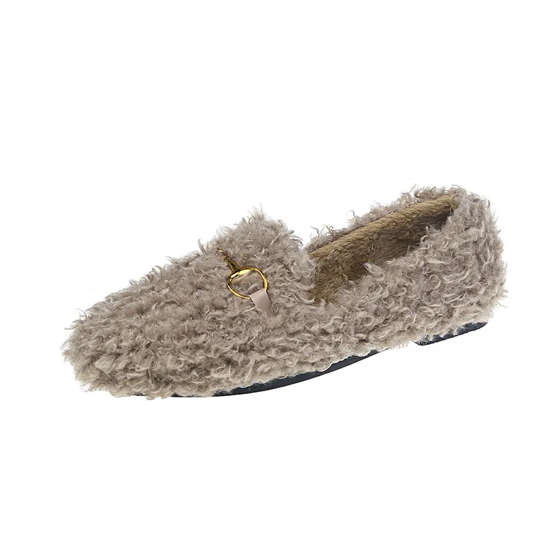 

new design autumn and winter warm round toe loafers non-slip women's casual flat shoes, Black,white,khaki