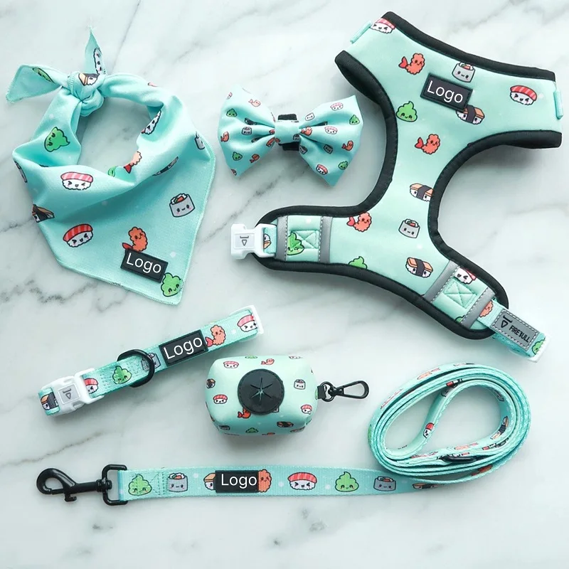 

Wholesale customized High Quality Soft No Pull Pet Adjustable Reversible Designer Dog Harness Leash Collar Poo Bag Holder Set, Picture