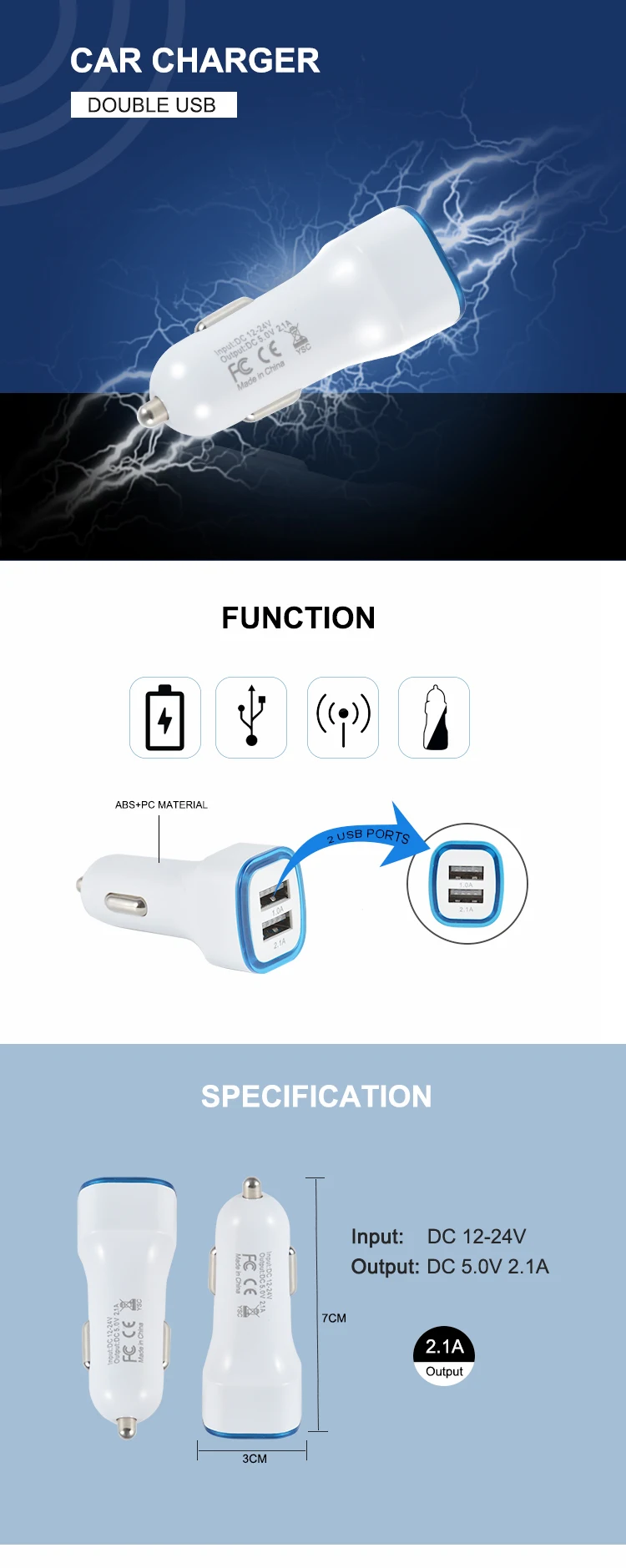 Hot Selling Factory Dual-USB Quick Charge Car Charger With Led