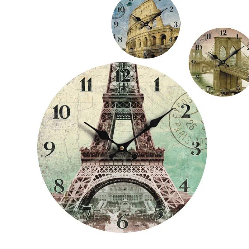 

Paris design AA battery electronics distressed wood wall clock
