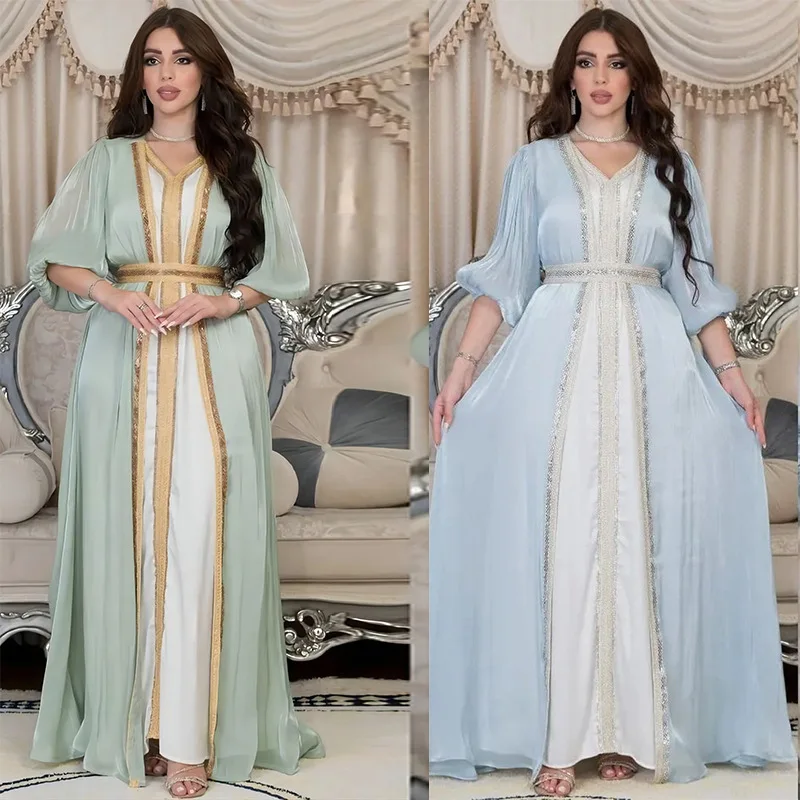 

Dress For Muslim Ladies New Fashion 2023 Women'S Hot Diamond Light Luxury Dress Abaya Set Bright Silk Satin 3 Piece Abaya Set