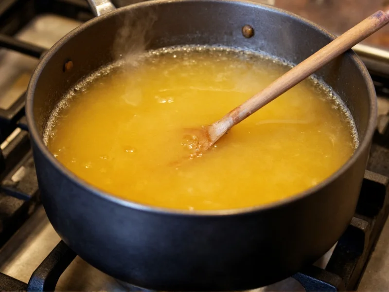 Simmering pot of golden chicken broth on stove