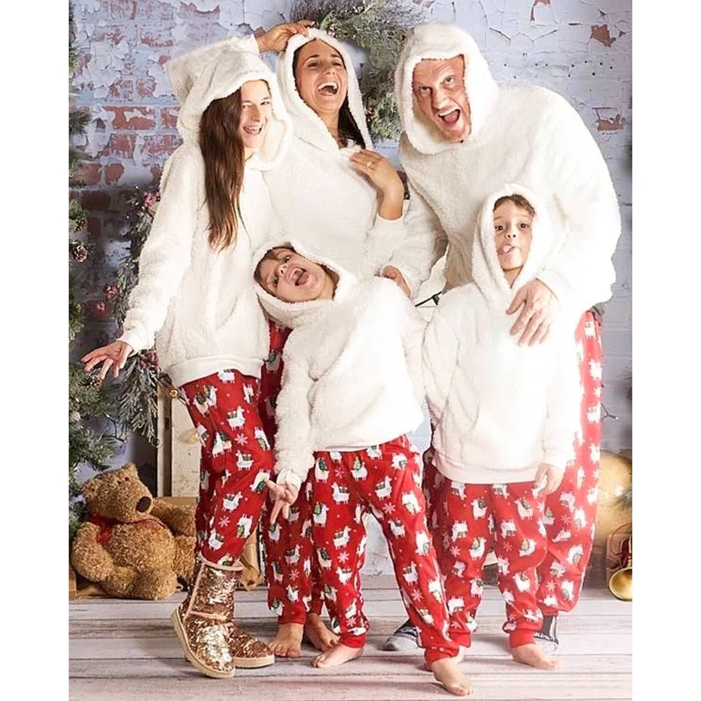 

Papa Mama Factory Wholesale Christmas Winter Thick Warm Lambswool Hooded Pajamas Home Wear Family Pajamas Christmas, Customized color