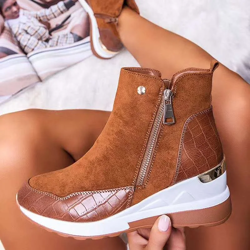 

Fashion Zipper Sneakers Platform Comfy Women Suede Waterproof High Top Wedge Platform Women Shoes, Blue black brown beige