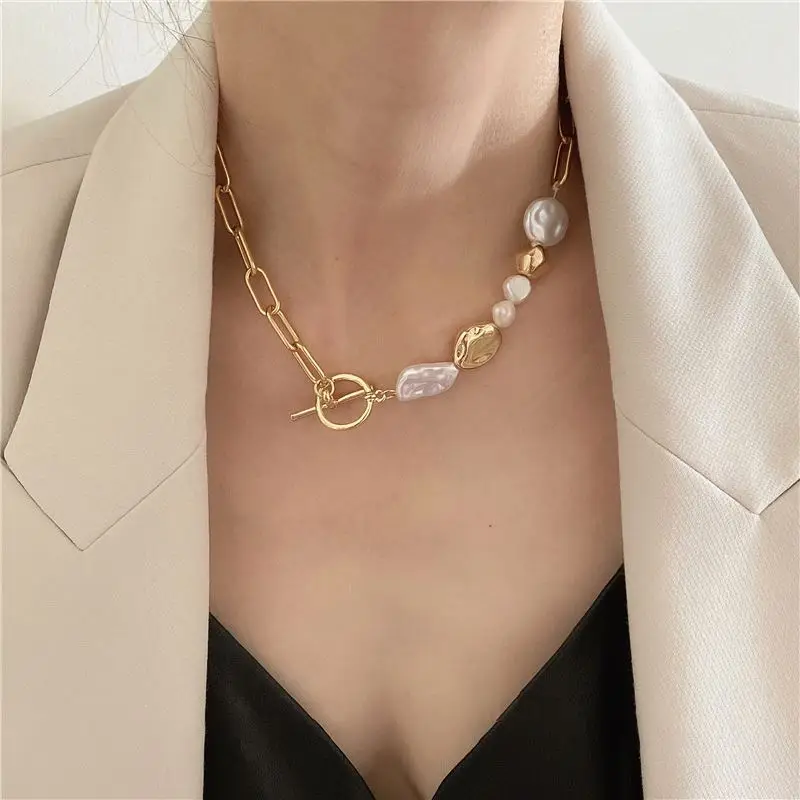 

2 Designs Paperclip Chain Irregular Beads Pearl Necklace Contrast Color Toggle Clasp Choker Necklaces Vintage Baroque Jewelry, Gold silver