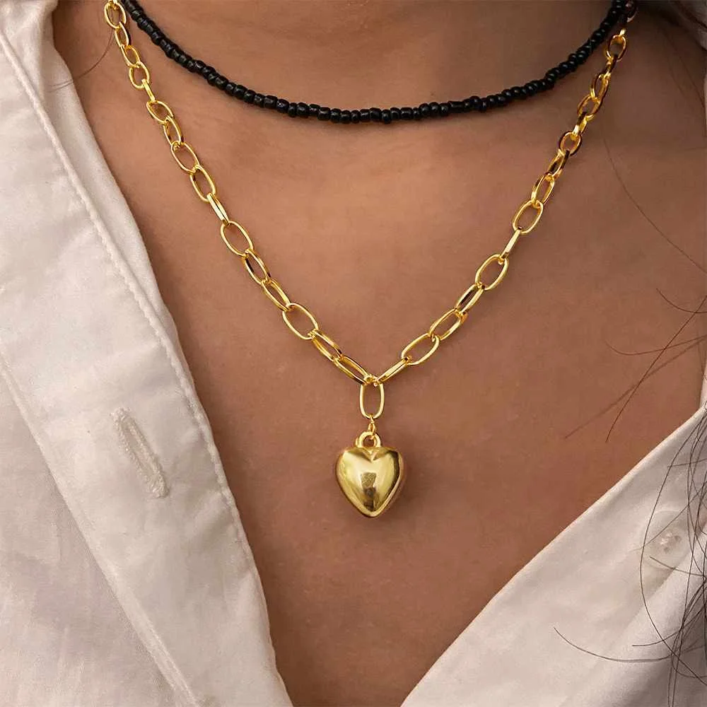 

Fashion double layered love heart pendant Necklace Black Bead Chain necklace for women jewelry gift, Gold