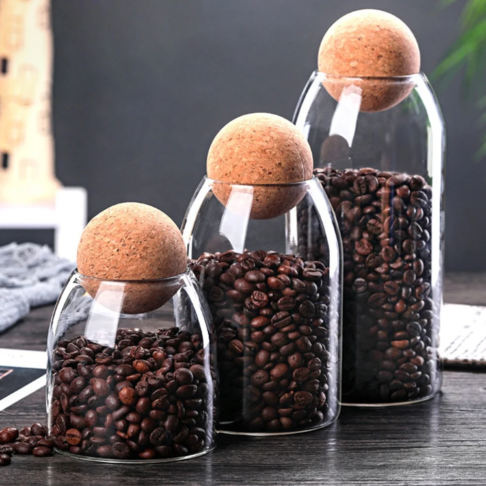

Hot Selling Handmade Borosilicate Glass Canister Food Storage Jars with Wood Lid Cork Ball Stopper, Clear