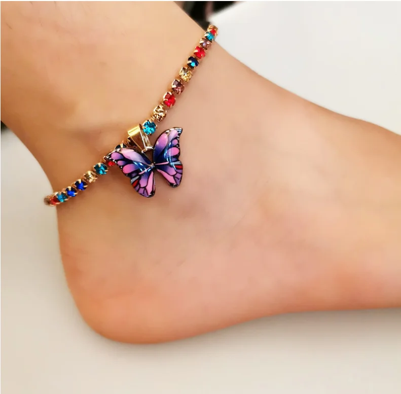 

2020 Newest hot selling butterfly crystal anklets women colorful rhinestone ankle bracelet, Colors