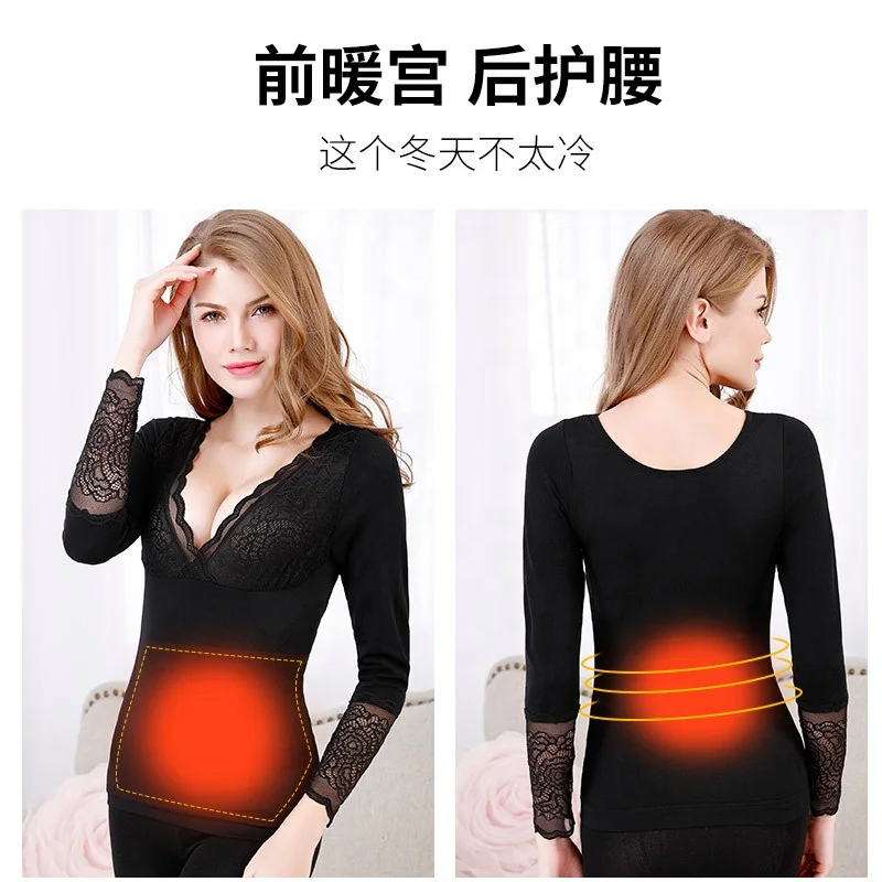 
Womens v-neck long sleeves thickening warm ladies lace heating thermal underwear 