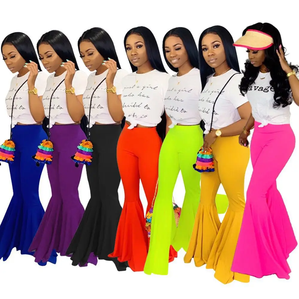 

Amazon Hot Sale Middle waist Tight Trouser Lady Flared Pant Woman ruffled flared wide-leg trousers plus size pants & jeans, Yellow/blue/red/green