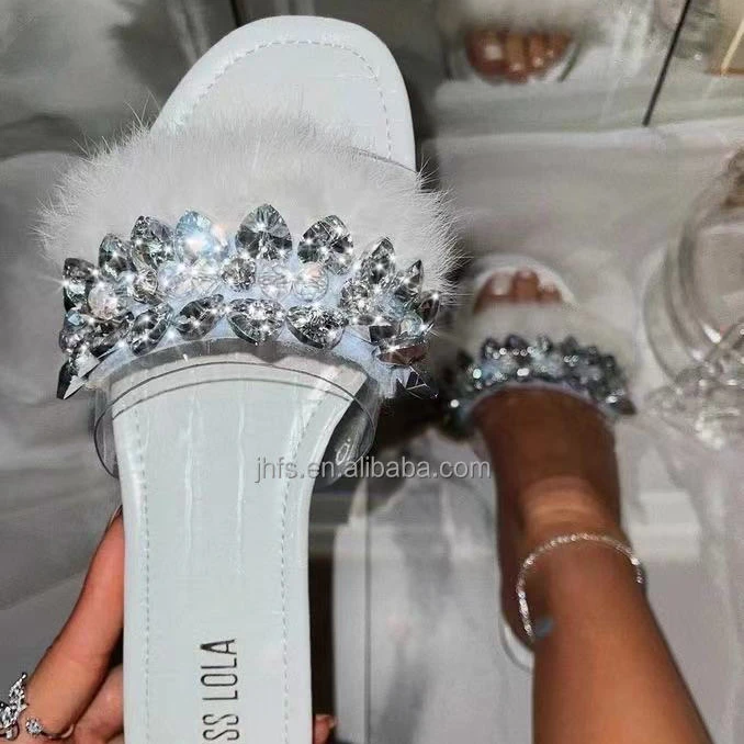 

J&H summer pantufla rhinestoner fashion fur slippers summer casual flat sandals, 4 colors as picture