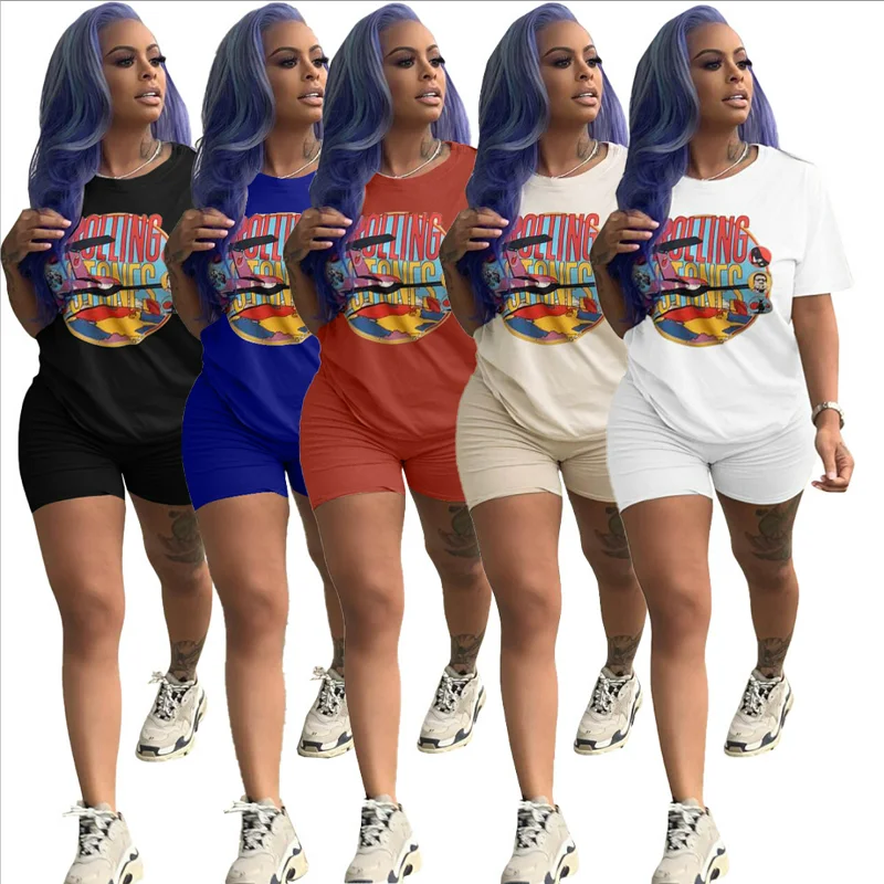 

2021 summer women casual white outfit clothing plus 3XL size letter print short sleeve o neck T shirt two 2 piece shorts set