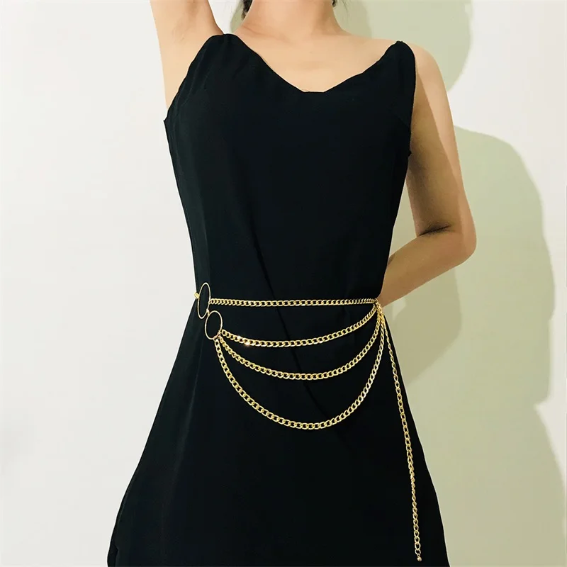 

Fashionable all-match beach style body chain multi-layer aluminum chain geometric ring waist chain, Gold
