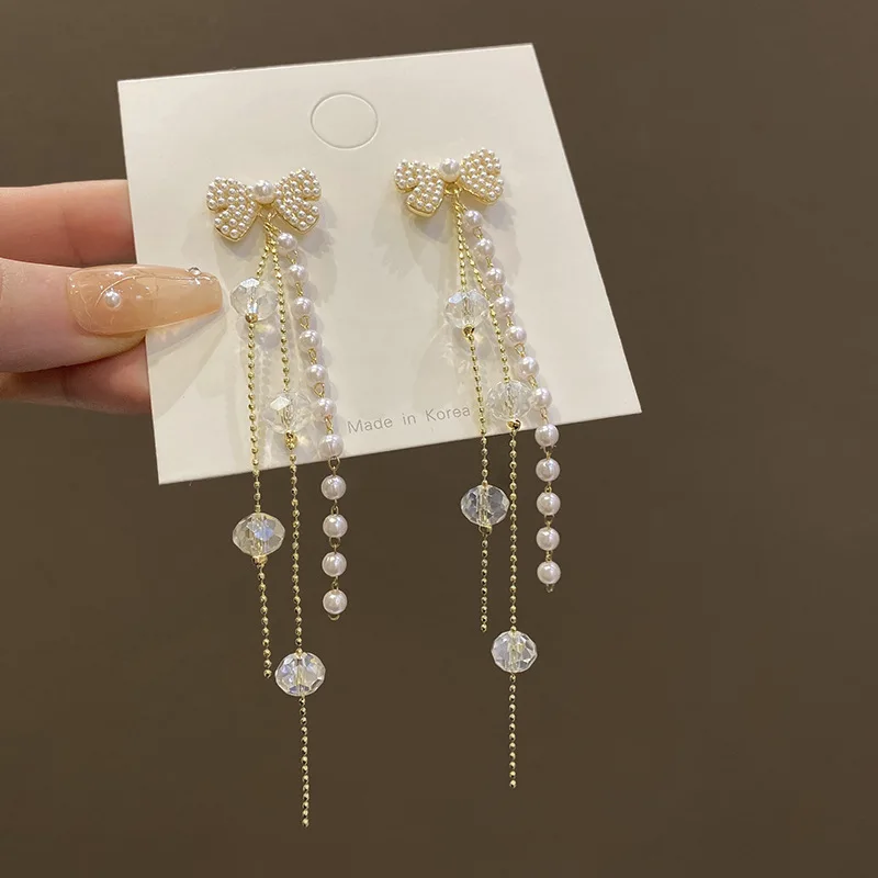 

Newest Fashion 925 Sterling Sliver Pearl Earring Long Pearl Chain Bow Butterfly Tassel Earrings