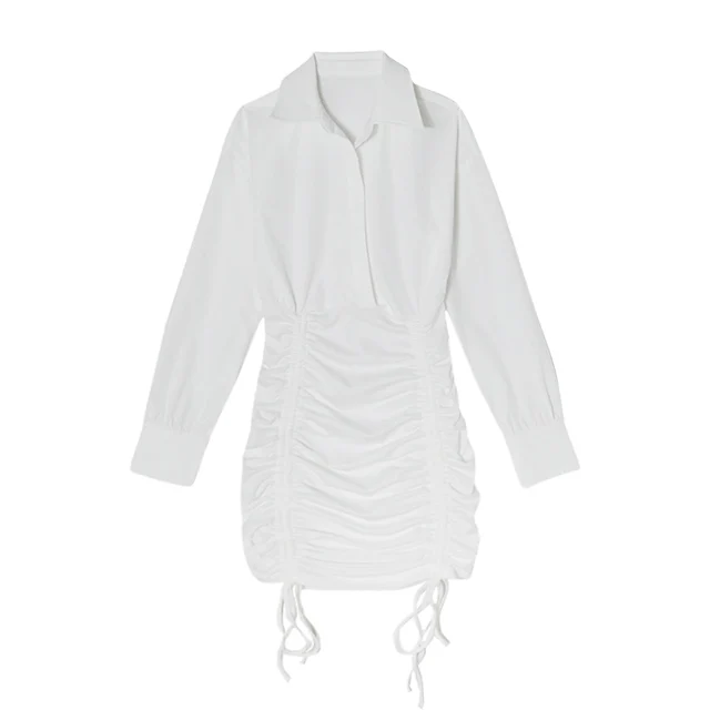 

2021 autumn new white V-neck sexy pleated lace-up hip dress European style