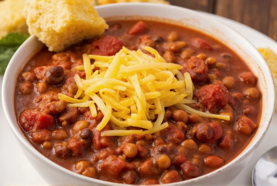 Bowl of rich red beanless chili with melted cheese topping and cornbread on side