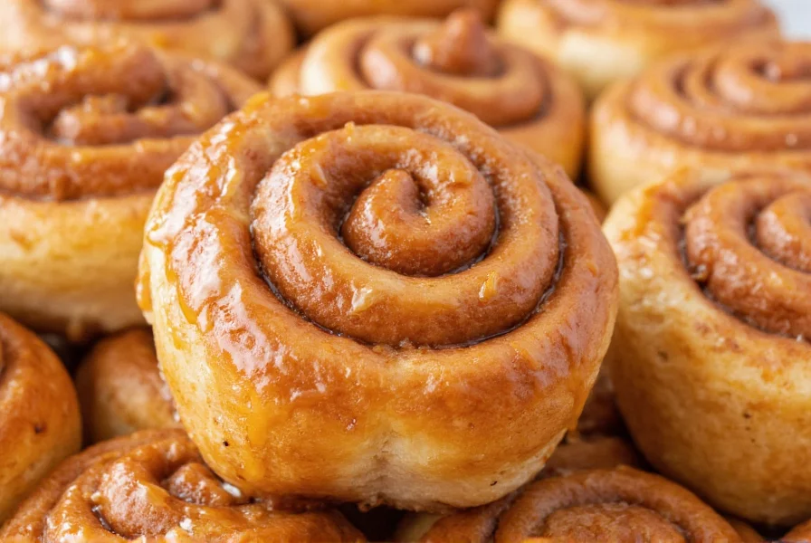 Close-up of a freshly baked cinnamon roll with visible swirls of cinnamon and gooey icing