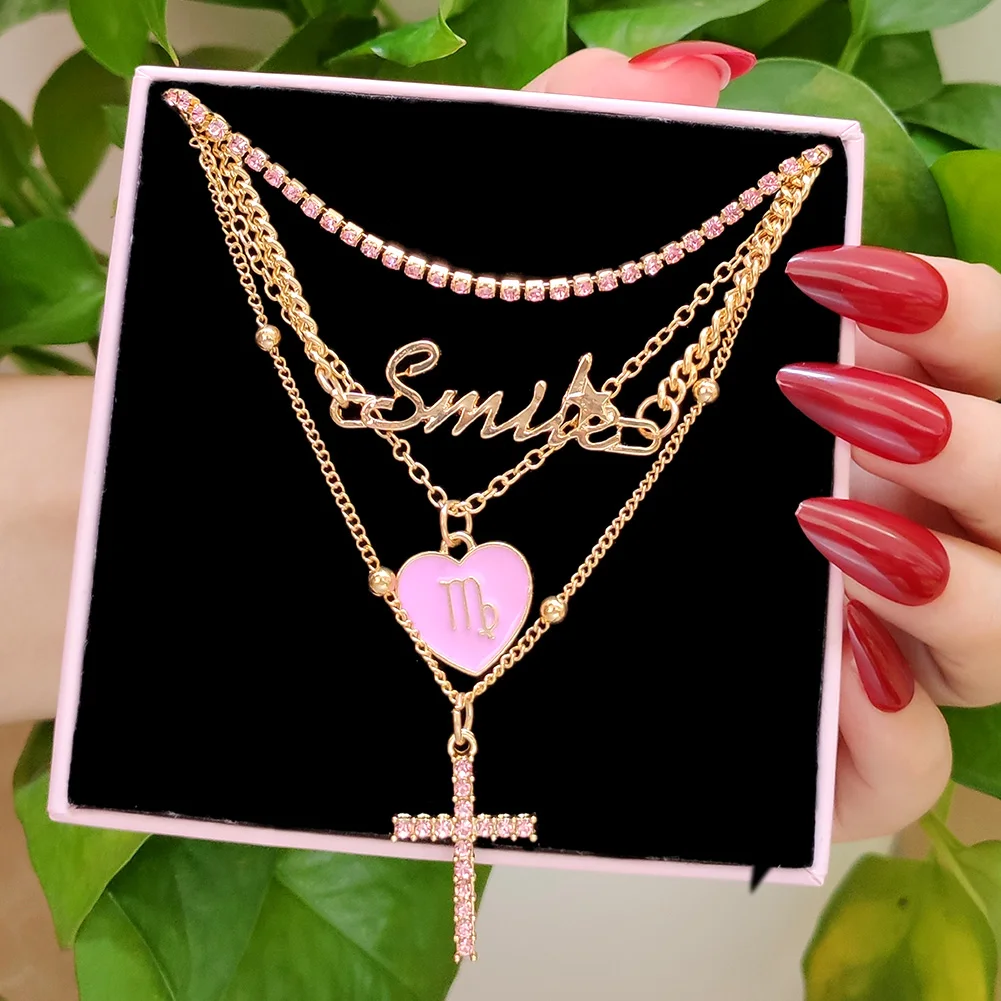 

Exquisite Rose Gold Plated Heart-shaped Virgo Smile Letter Pendant Necklace For Lady Girls Pink Cross Necklace