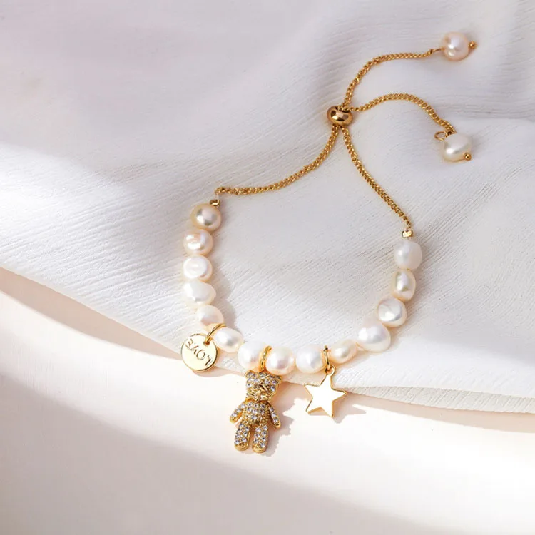 

Cute star bear pendant bracelet ajustable gold plated high quality freshwater pearl bracelet fashion luxury handmade jewelry
