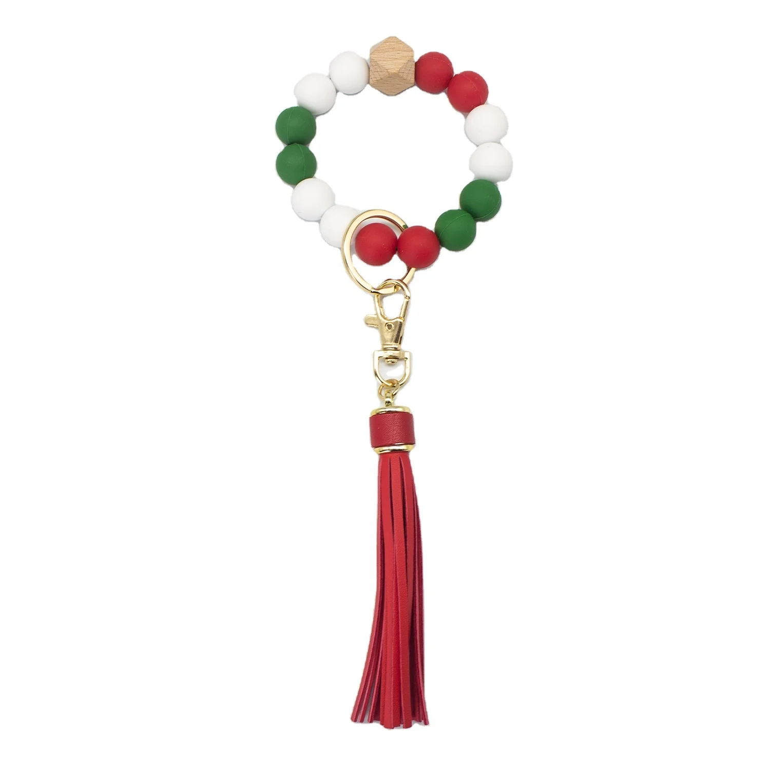 

Amazon Hot Sell Christmas Gift Silicone Beads Bracelet Keychain Jewelry Christmas Beads Wristlet Keychain with PU Tassel, Customized color