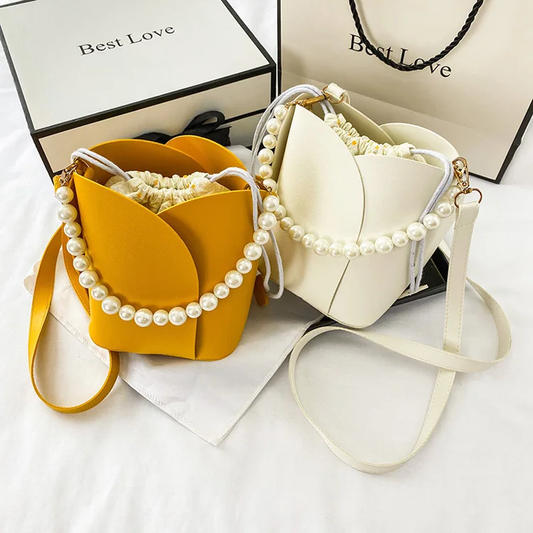 

2021 Trendy Korean Unique Pearl Handbag White Bucket Bag, 4colors
