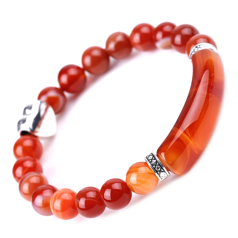 

NAPOLN Natural Stone Beads High Grade Heart Charm Stainless Steel Carnelian Bridge Bracelet, Red