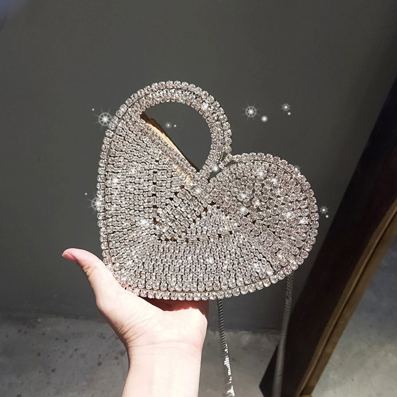 

Luxury women heart diamond clutch bags bridal wedding party glitter rhinestone purse evening crystal bag, White (can be customized)