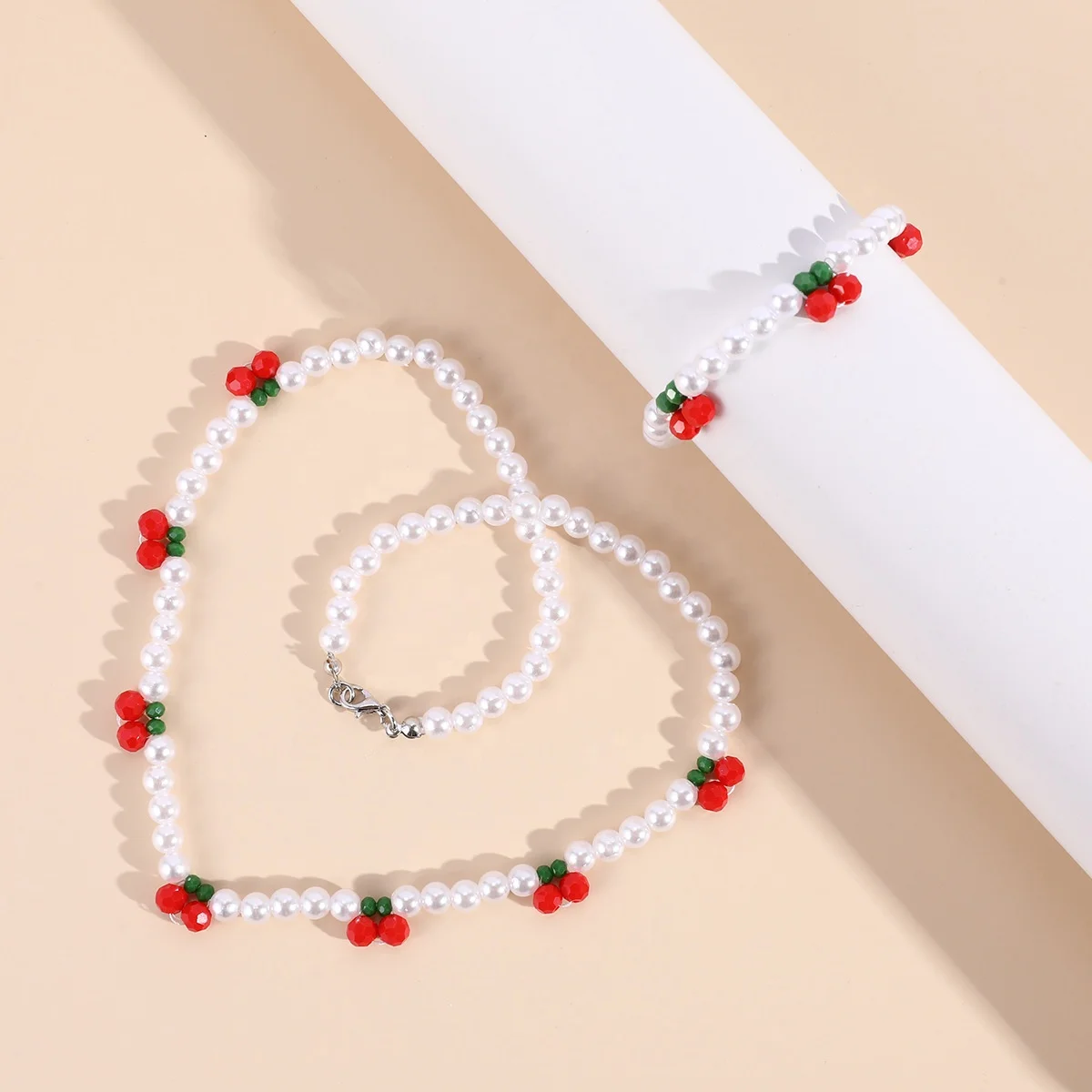 

Cute kids jewelry set sweet red cherry and white pearl beads jewelry for kids