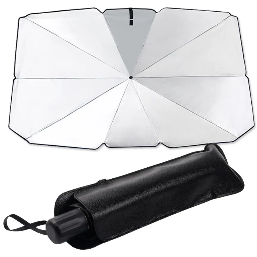 

Hot selling car shade umbrella new portable folding sunscreen heat insulation car sunshade umbrella, Silver outside, black inside.