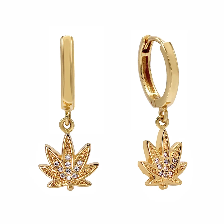 

wholesale 18k gold plated nice maple leaf drop earrings 925 sterling silver sparkly weed hoop earrings