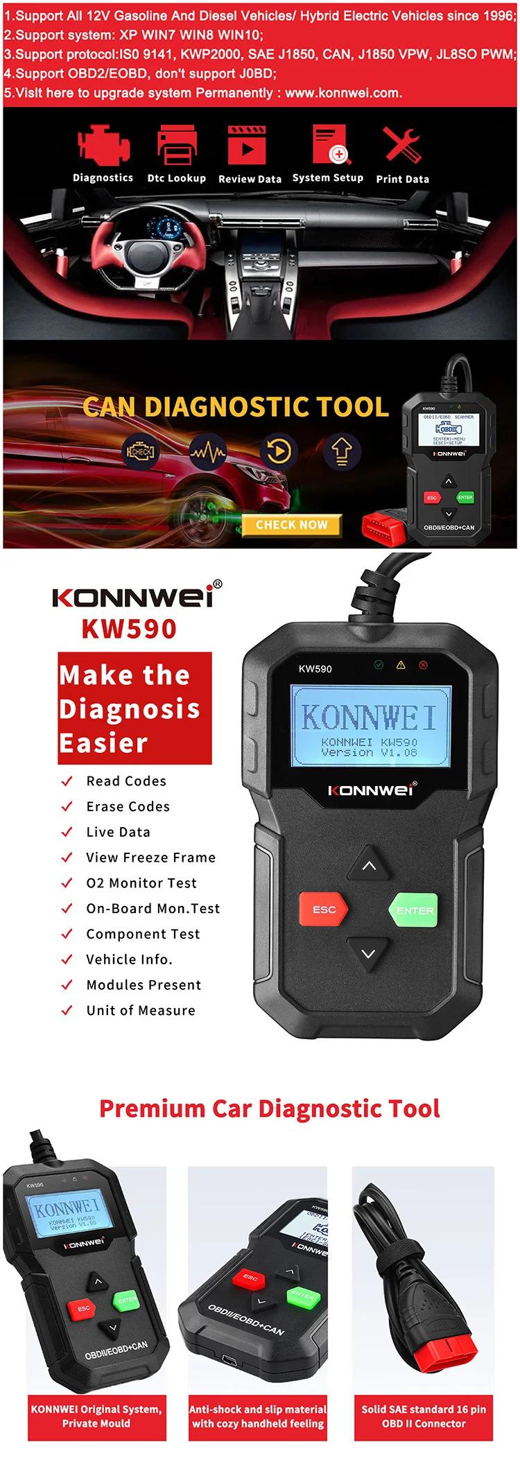 New Arrival Car tool  car diagnostic scanner KONNWEI KW590 foxwell auto diagnostic tool obd2 scanner