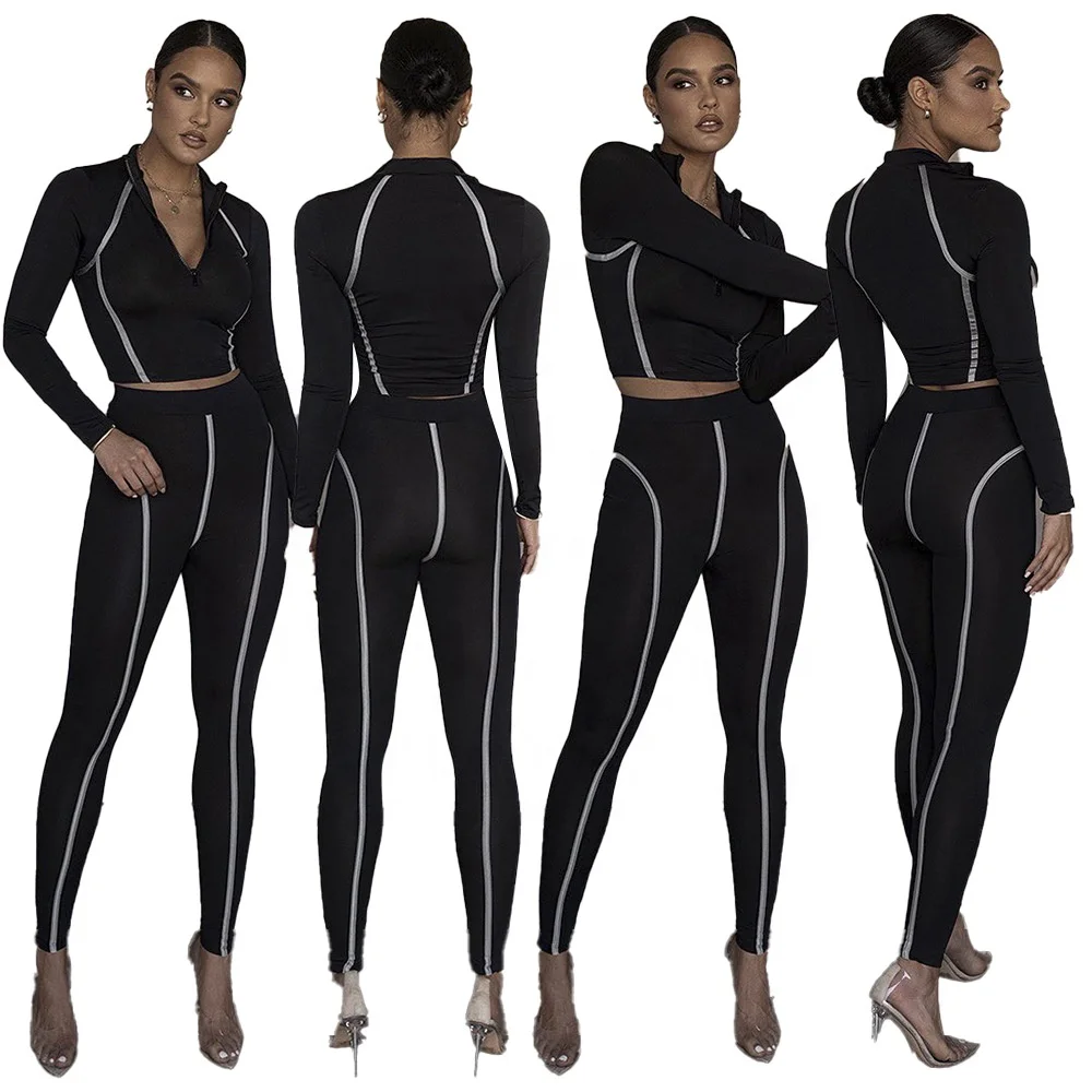 

2021 New Solid Color Side Stripe Long Sleeve Zip Up Top Pants Two Piece Set Women Skinny Sport Street Style Casual Tracksuits