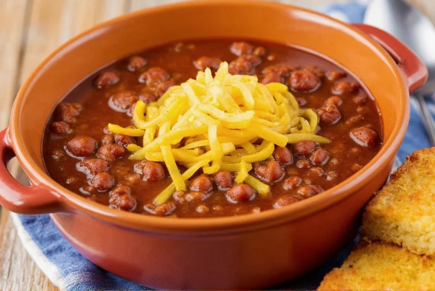 Close-up of Charlie's Chili Newport signature Texas Red chili served in a ceramic bowl with cornbread on the side