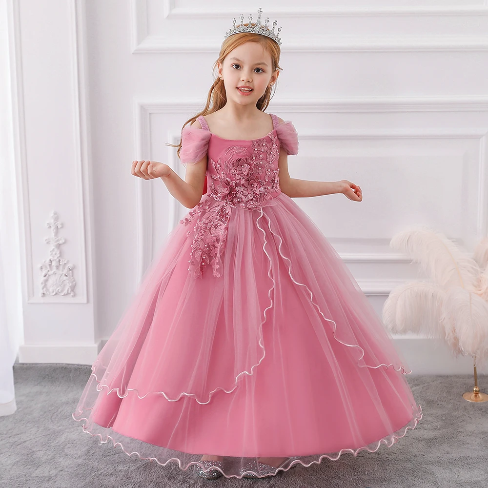 

MQATZ Elegant Kids Long Dress Girls Children Prom Long Frock Baby Girl Wedding Princess Ball Gown, Navy blue,pink,wine red,champagne