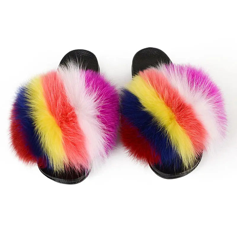 

Designer Mixed Color Women Real Fur Slippers Summer Furry Slides