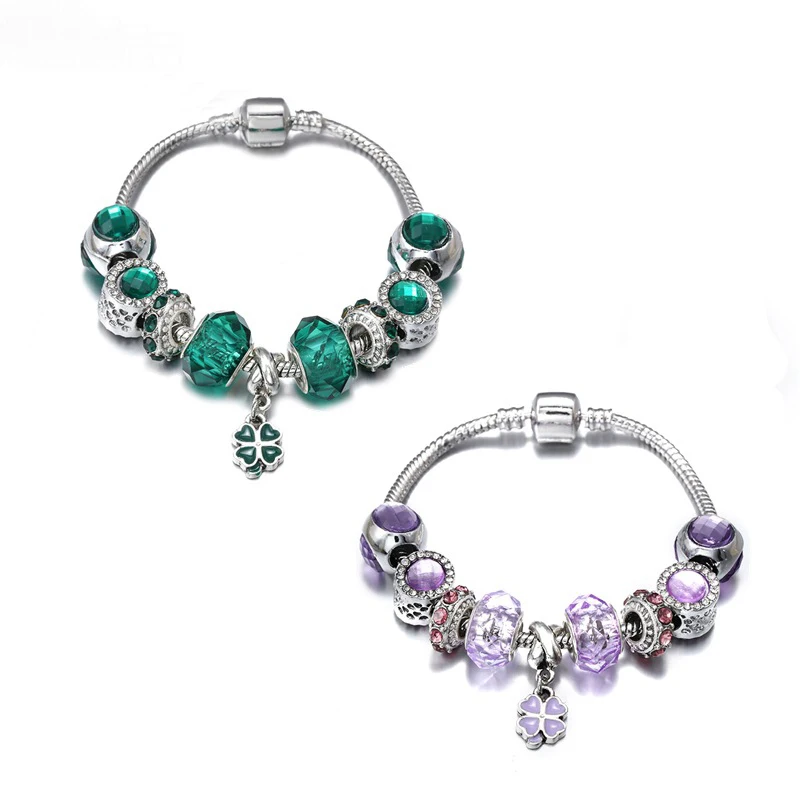 

Wholesale Price Three Size Leaf Charm Bracelets For Lady Big Hold Green and Purple Crystal Beads Bracelet Copper Chain Bracelet